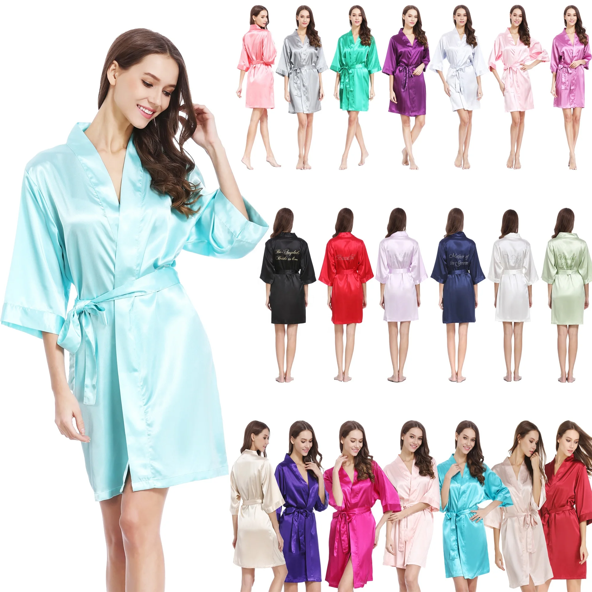 OEM Custom Factory Satin Silk Robes, Wholesale Bride Bridesmaid Kimono Bathrobes, Women Pajamas Sleepwear Embroidery  LOGO