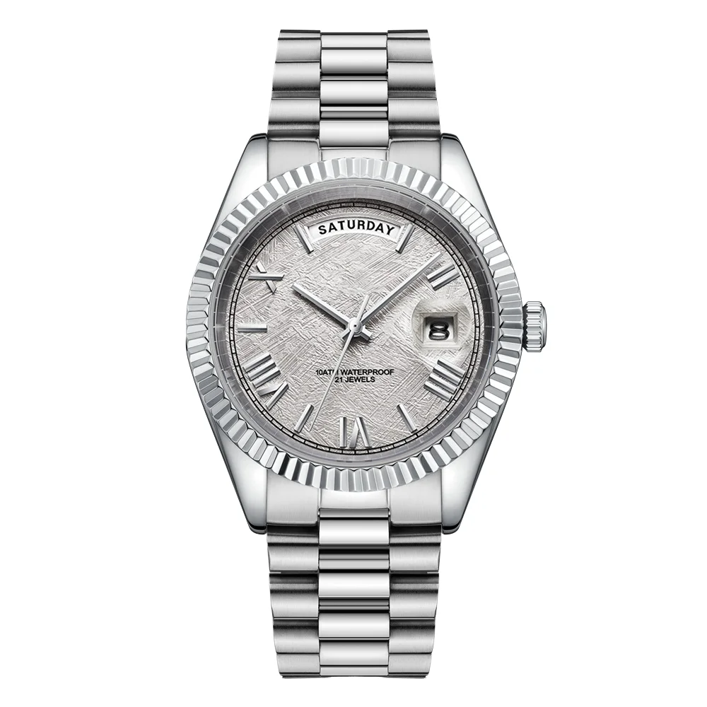 Simple Luxury 316L Stainless Steel Water-Resistant Watch Men Business Casual Glass Dial Calendar Date Week Display Leather Strap