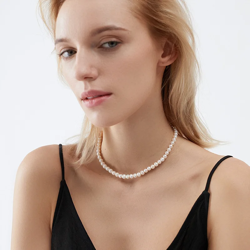 New Style Fashion  6-7mm White Cultured Freshwater 925 silver simple clavicle chain Pearl Necklace