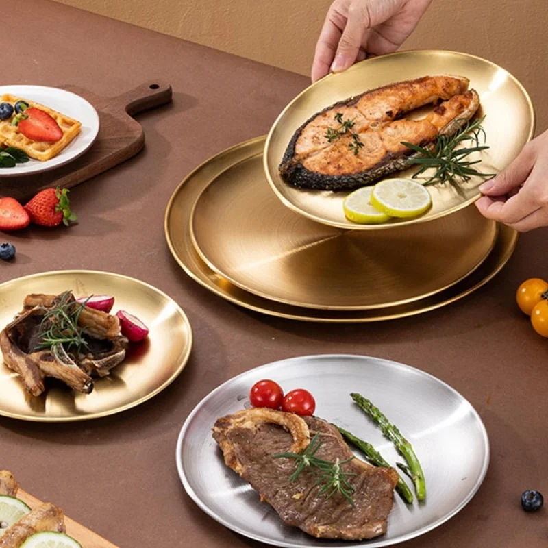 5.5 inch Stainless Steel Gold Round Dinner Dishes Plate for Barbecue Picnic Kitchen Camping  Party