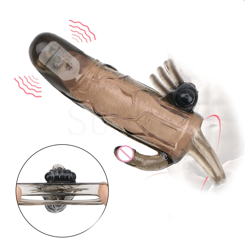 Free Custom Box - Reusable Penis Extender Delayed Ejaculation Cock Enlargement Double Vibrator Sleeve Condom For Men Man