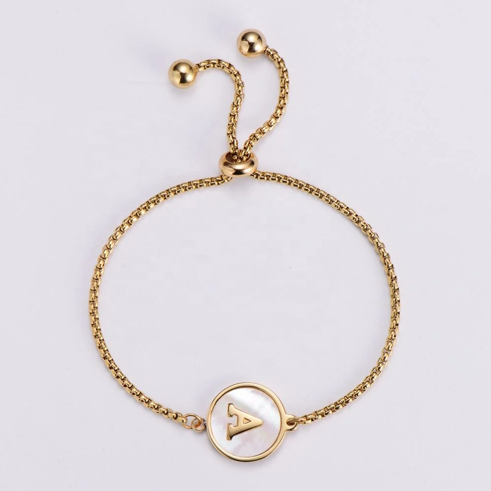 Mother of Pearl Letter 26 Alphabet Cuban Chain Bracelet 18K Gold Plated Adjustable Stainless Steel Initial Bracelet for Women