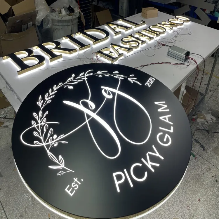 Custom Circle Metal Business Name Sign Stainless Steel Backlit Letters 3D Bridal Shop Sign Led Light Box Logo Sign
