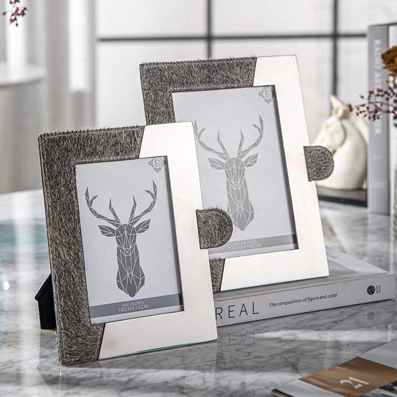 Customised photo frame luxury gray horse hair photo frame hotel/living desktop household metal silver mirror photo frame