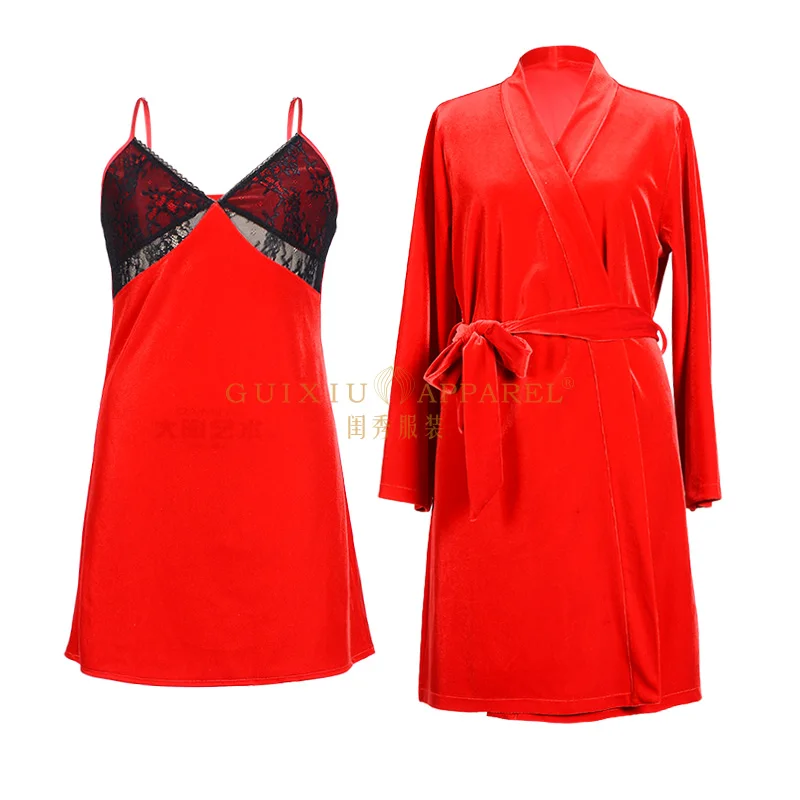 Custom Logo Winter 2 piece set Canary velvet fabric Christmas robe red color pleuche  christmas robes and lace slip