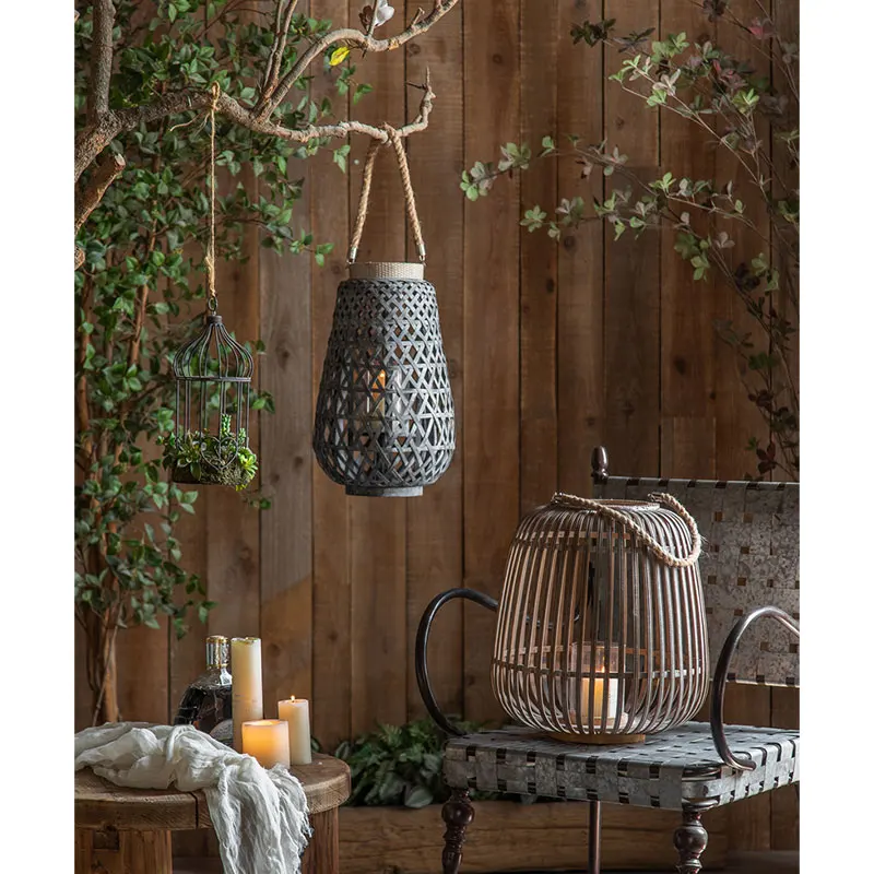 Antique Hanging Decorations Chinese Style Bamboo Lantern Candle Holder Ornament Living Room Home Furniture Iron Candle Jars