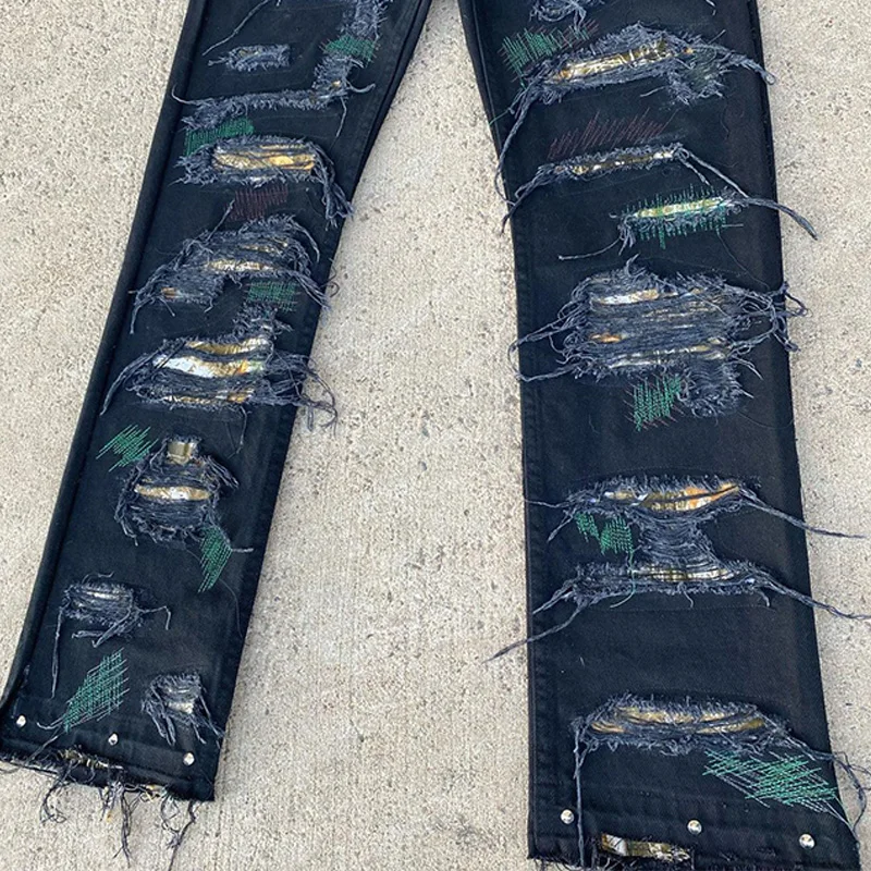 DiZNEW Custom Chicano Gothic Embroidery with Pockets Camouflage Cargo Jeans for Men Straight Streetwear Baggy Denim Pants