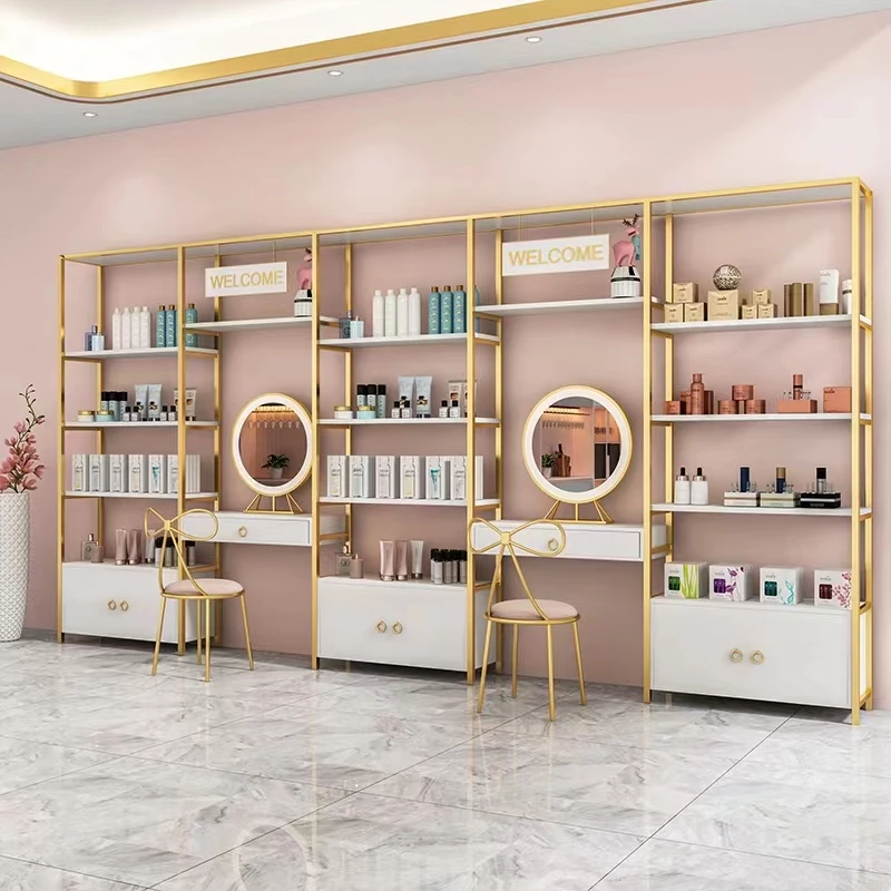 Custom boutique Wooden nail Cosmetic Display Cabinet Shelves And beauty salon Makeup Showcase Display stand For Retail Store