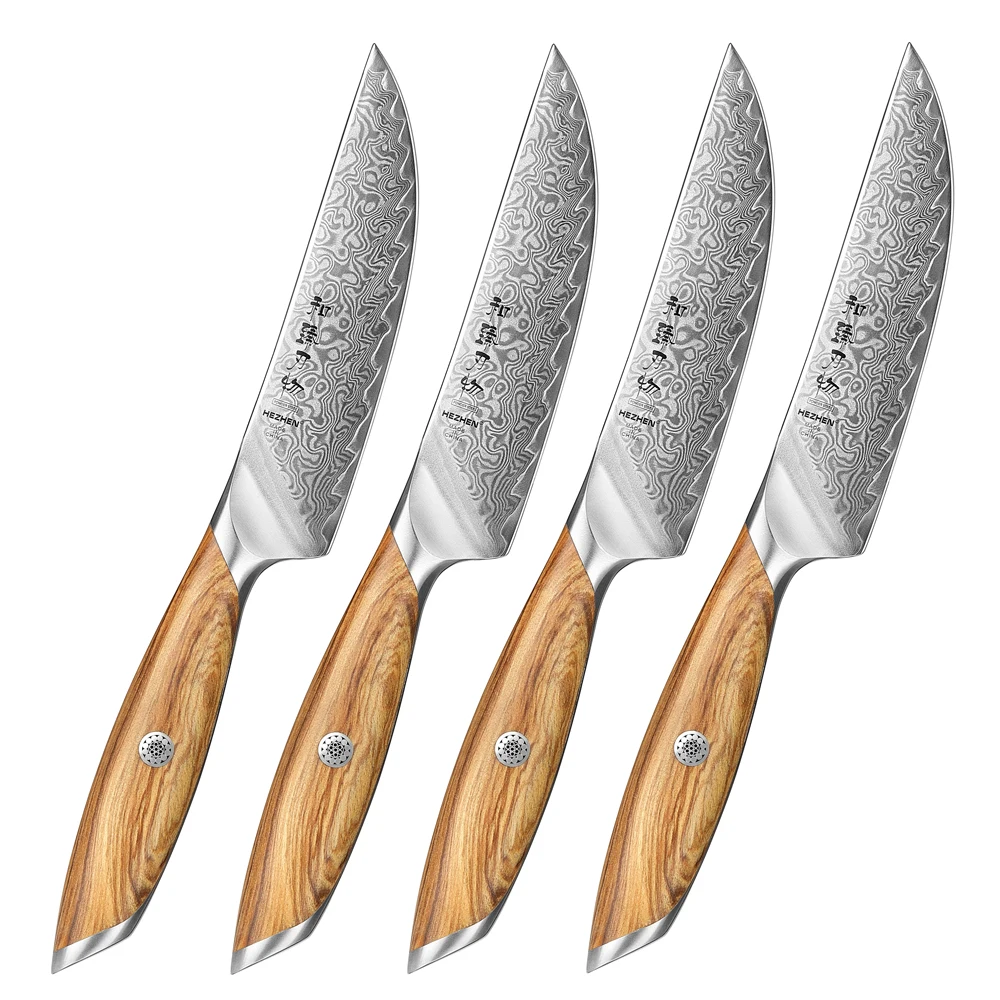 XINZUO 2024 New Steak Knife Set Custom Damascus Powder Steel Olive Wood Handle Kitchen Knives 4 PCS Gift
