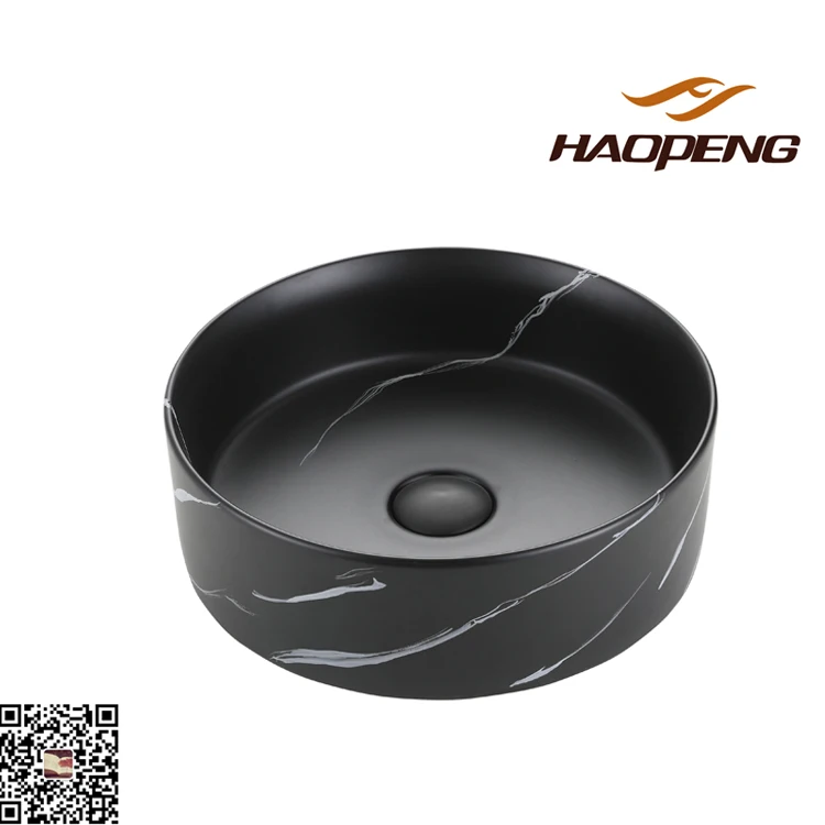 High end matte black counter top wash basin round ceramic art basin for hotel