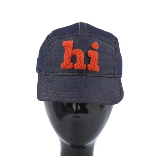 Custom kids denim 5 panel chenille embroidery baseball cap with elastic closure adjustable baby jean hats