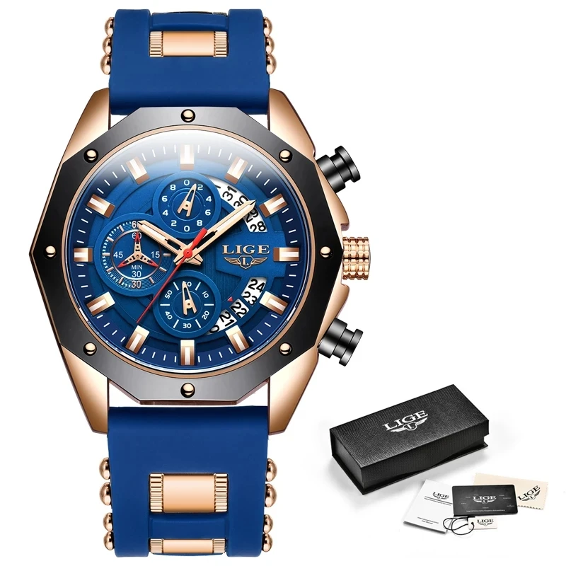 LIGE LG8908 Fashion Chinese Men Quartz Watch Rubber Strap Waterproof 3 Dials Chronograph Luminous Watch Sports Casual Wristwatch