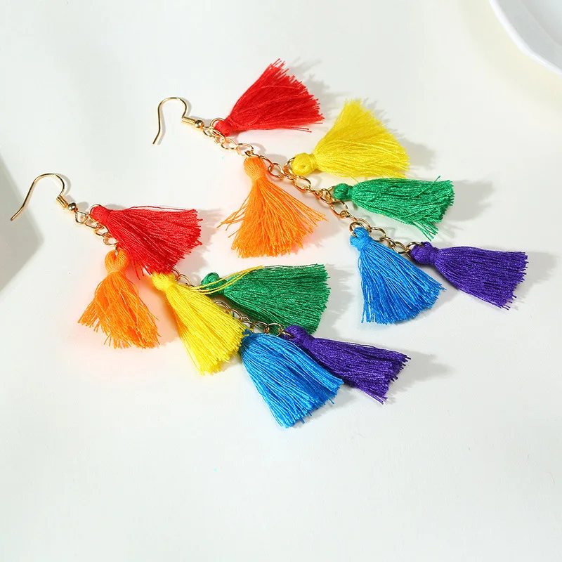 Wholesale Bohemian Resort Style Rainbow Tassel Earrings Handmade Colorful Long Tassel Earrings Unique Gifts For Her