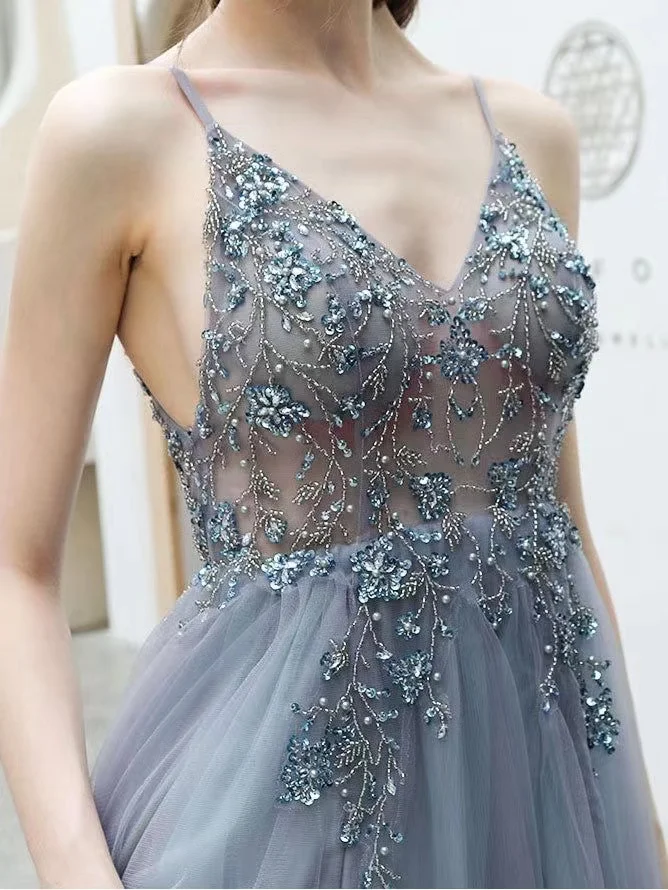 Sexy Spaghetti Straps Evening Dresses New Arrival V-Neck Rhinestones Beading Formal Prom Gowns With Slit Robe De Soiree