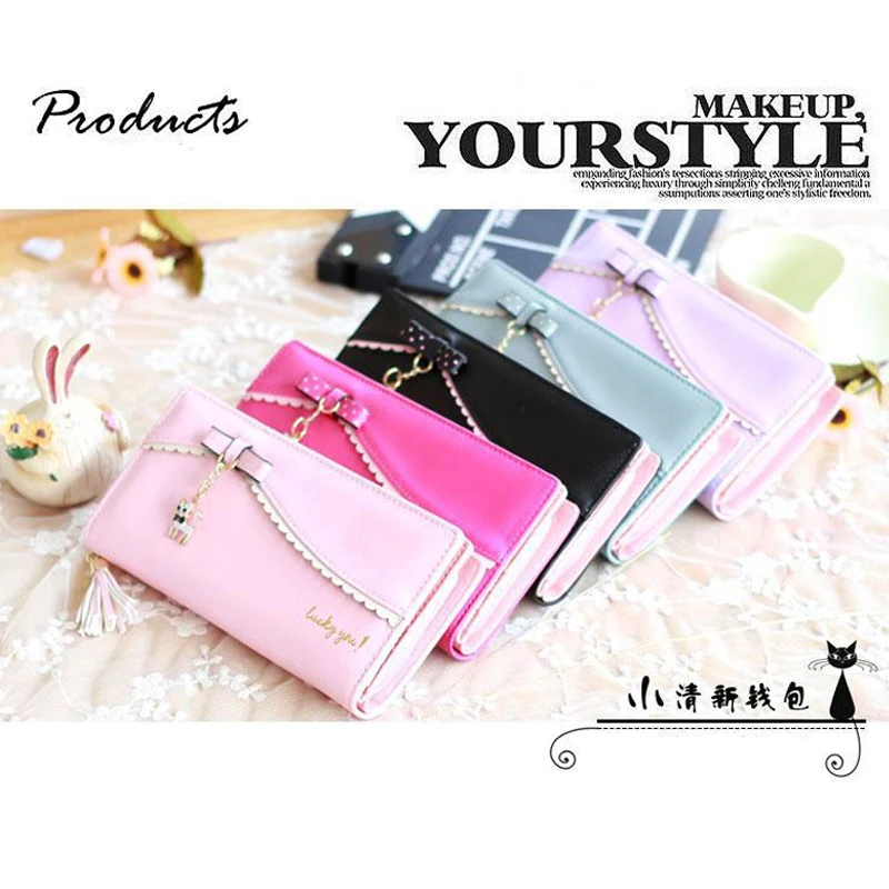 Elegant Women Wallets with Zipper Pink Phone Pocket Purse Card Holder Patchwork Women Long Wallet Lady Tassel Short Coin Purse