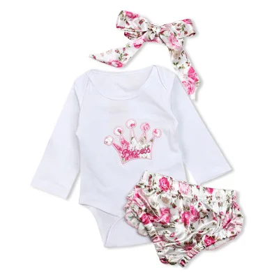 0-24M Newborn Baby Girls Clothes Set Princess Crown Bodysuit Romper Shorts Headband 3PCS Outfit Toddler Clothing Bebek Giyim