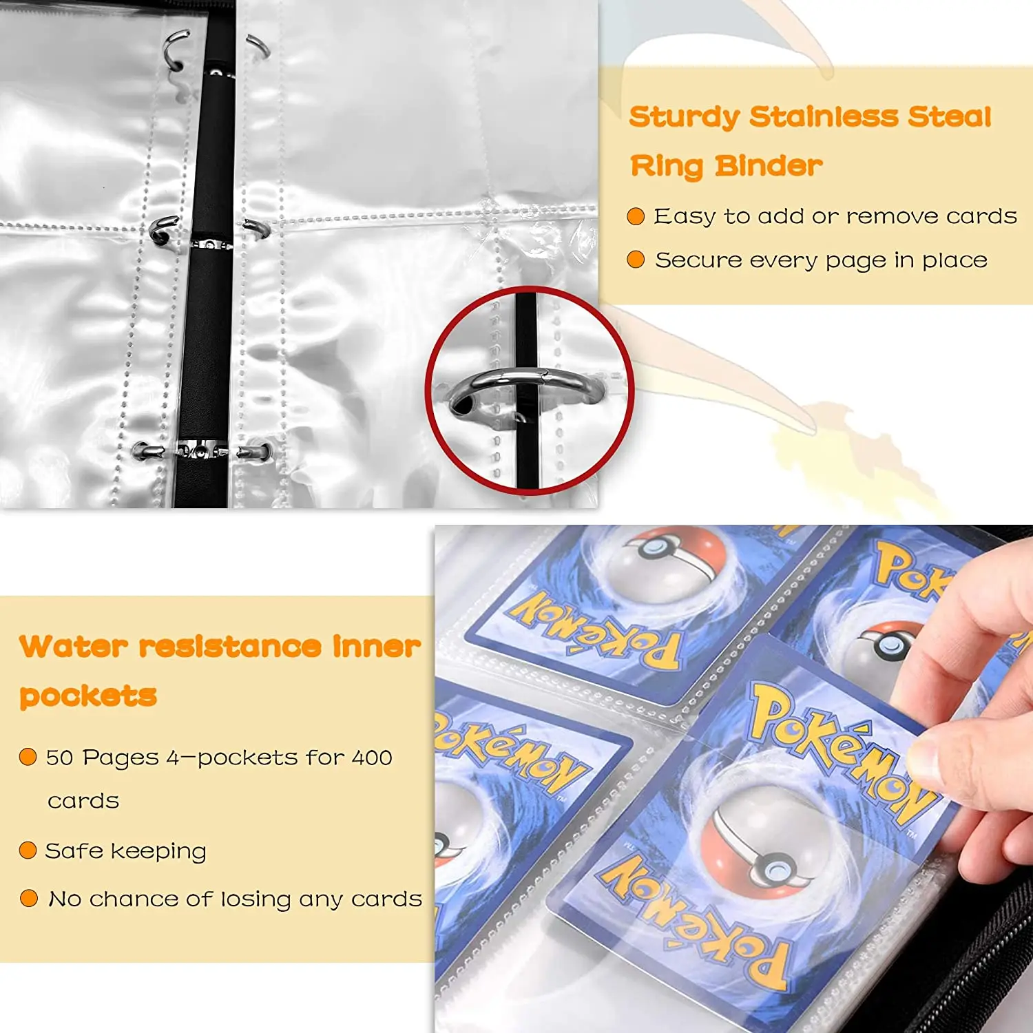Hot 400 Cards Collector Album Poke mon Sports Trading Card Binder 4-Pocket TCG Game Cards Book Holder with 50 Removable Sleeves