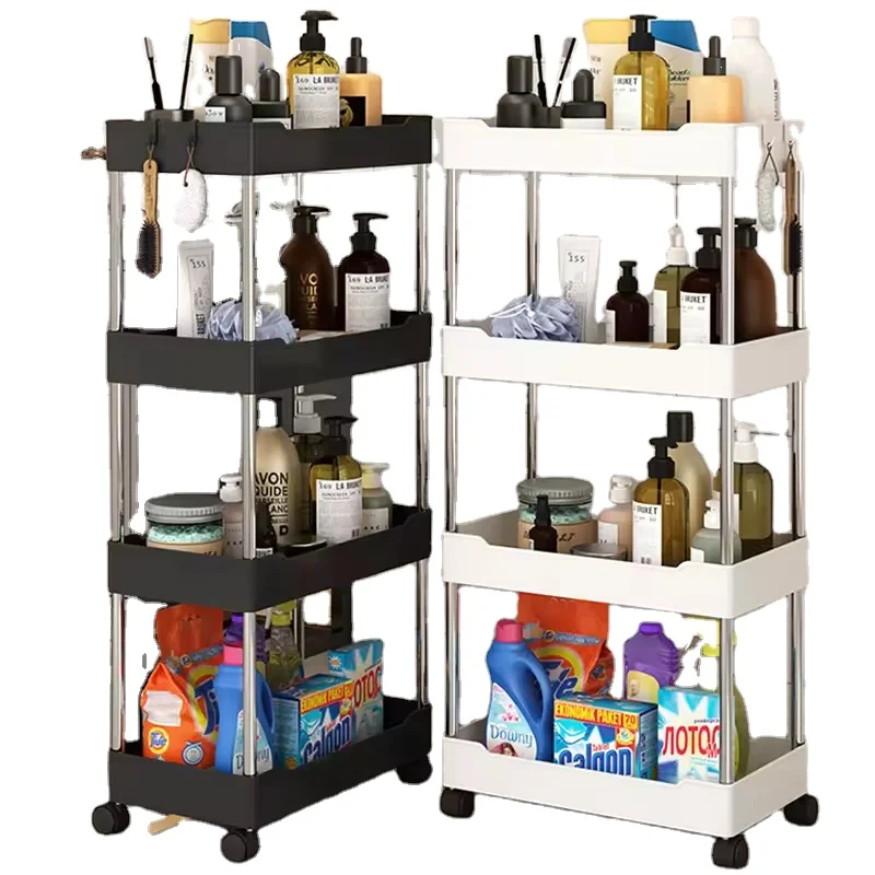 Multipurpose Rotatable Save Space Crack Shelf With Wheels Plastic Bathroom Removable Rack Narrow Storage Racks Kitchen Organizer
