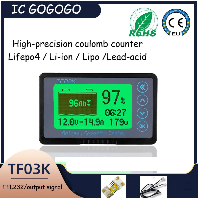 Счетчик Coulomb 120 В TF03K индикатор емкости аккумулятора напряжения тока Tttl232 литиевый lifepo4 свинцово-кислотный электровелосипед автомобиль