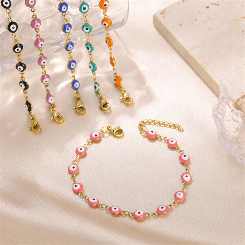 Wholesale Evil Eyes Women Red Blue Evil Eyes Charm Jewelry Stainless Steel 18k Gold Plated Turkish Evil Eyes Bracelet