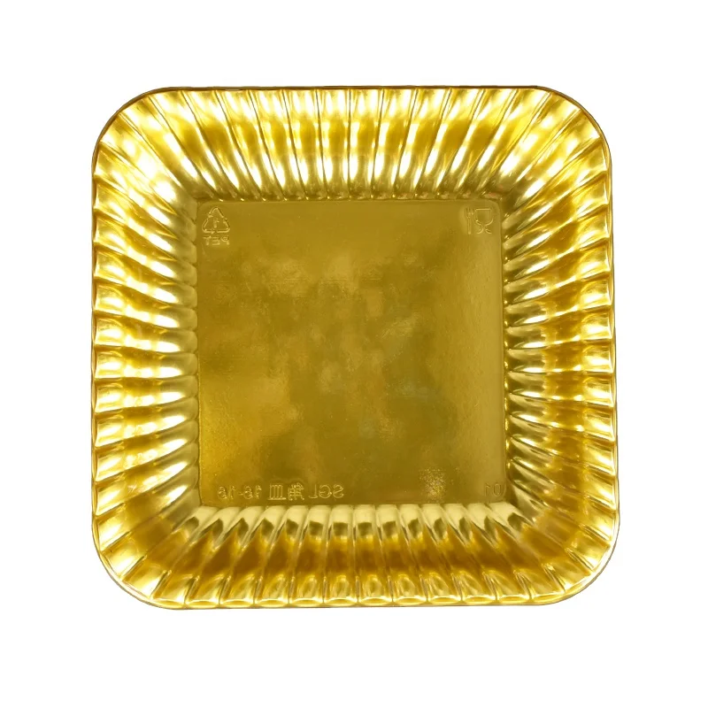 Lesui rectangle square wholesale wedding party plastic food serving golden tray for food takeaway