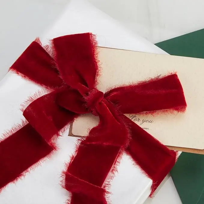 3 Inch Fringe Gift Customized Christmas Red Velvet Ribbon Velvet Ribbon Wholesale For Gift Wrap