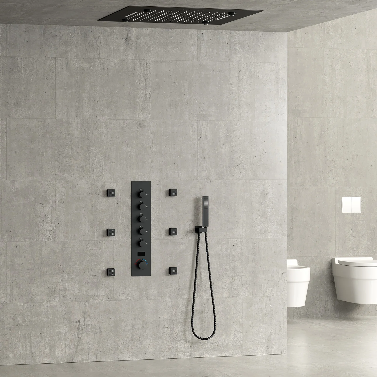 LED Music Shower System Set 500*500mm Multi Functions Ceiling LED Shower Head Cold and Hot Digital Display Shower Mixer Valve