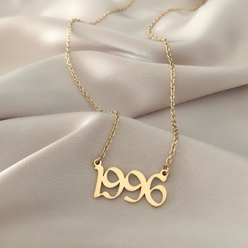 1990-2000 birth year 14K gold  Stainless Steel Chain Arabic Number charm Pendant Necklace