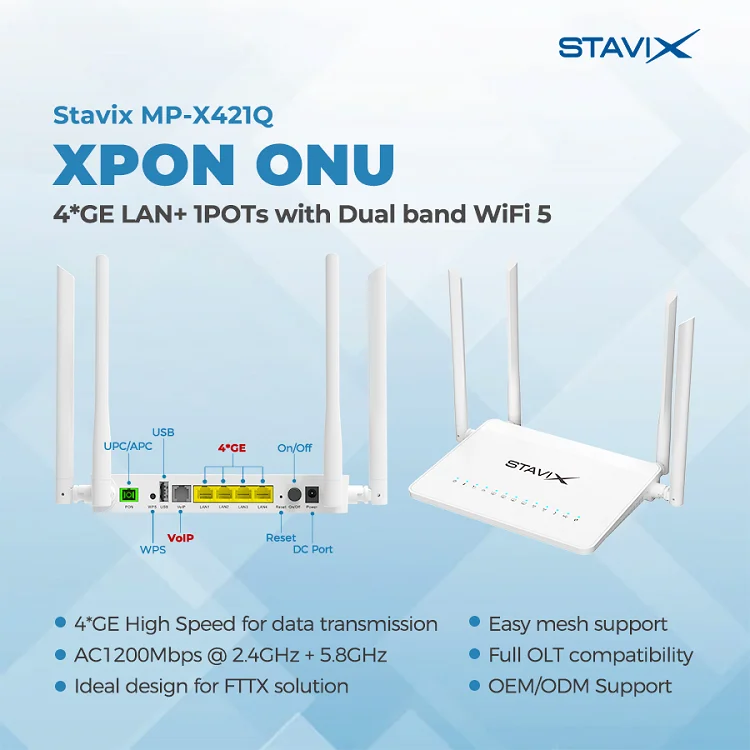 Fiber Optic Equipment 5g EPON GPON Modem Price 4 Port Pots 4ge Dual-band Wifi ONU