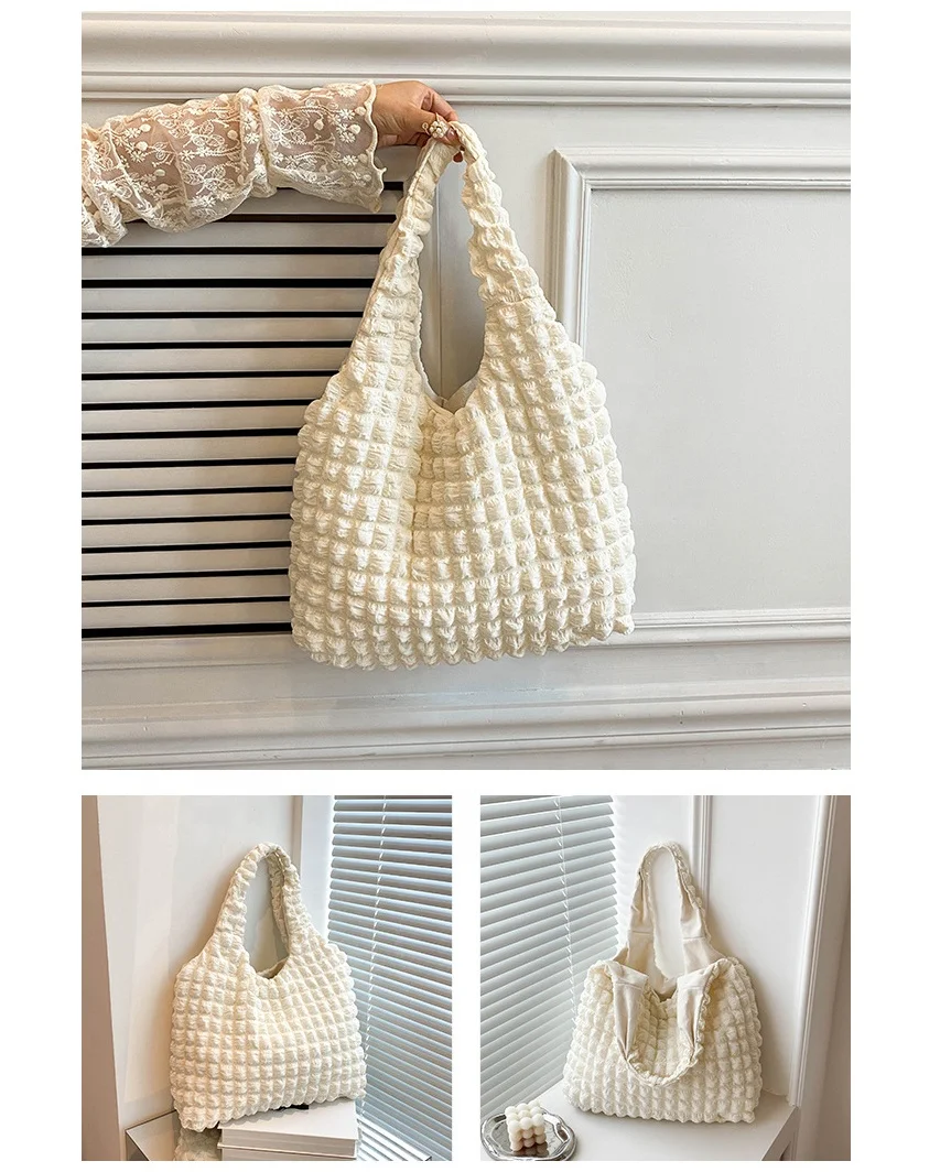 Custom Bubble Flower Fashion Handbag Women Ruched Hobo Shopping Tote Bag Lady Shoulder Bag