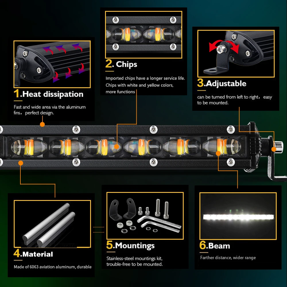 Dual Color Strobe White Amber Single Row Light Bar with 6D Driving Fog Light Off Road Truck ATV UTV 7inch Slim Led Light Bar