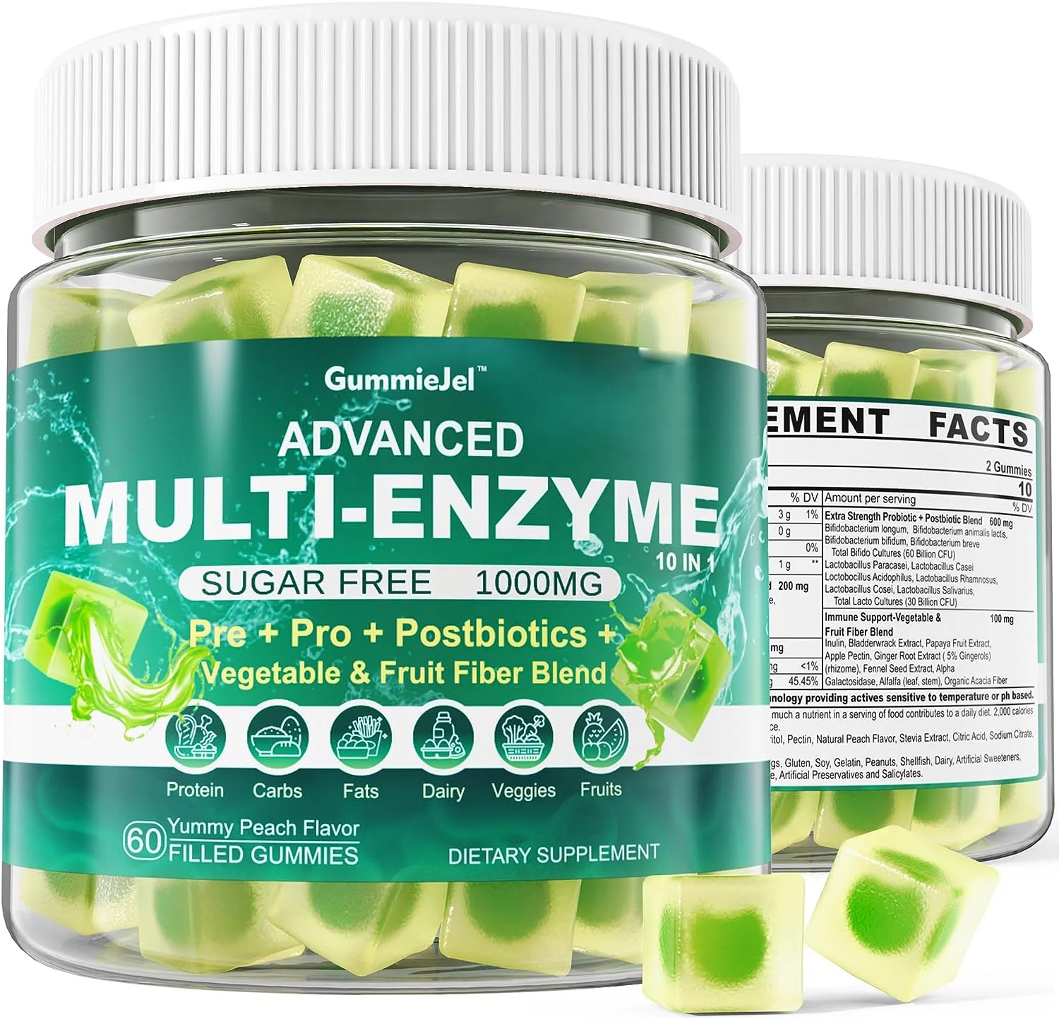 Sugar Free Multi Digestive Enzymes Supplements Probiotics & Prebiotics Fiber Blend Filled Gummies