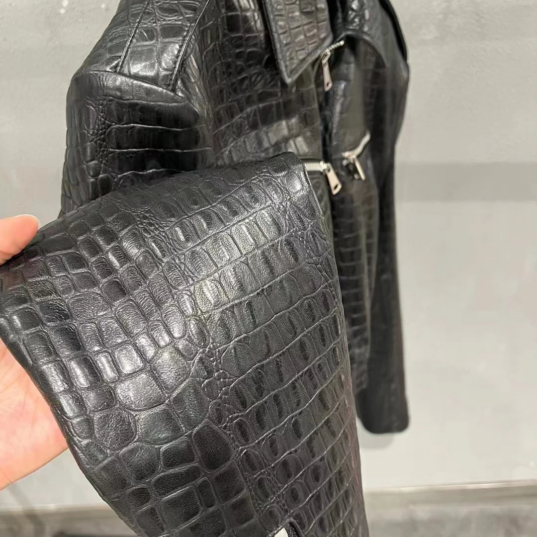 Luxury Soft Fall Spring New Fashion Short Genuine Leather Jacket Long Sleeves Zipper Crocodile Custom Women Sexy Leather Coat