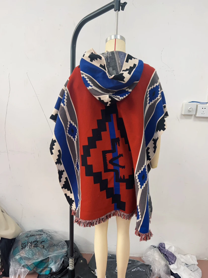 2024 Spring Indigenous Southwestern Navajo Aztec Cloak Mexican Men Knitted Hoodie Poncho