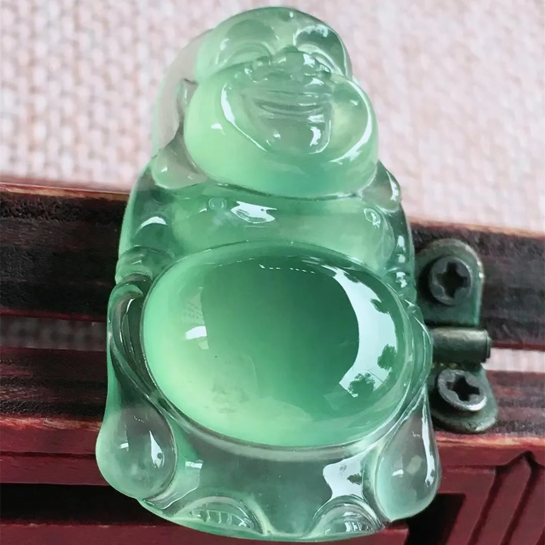 Certified Grade A Jadeite A Guanyin Buddha 18K Inlaid Ice  Sun Green