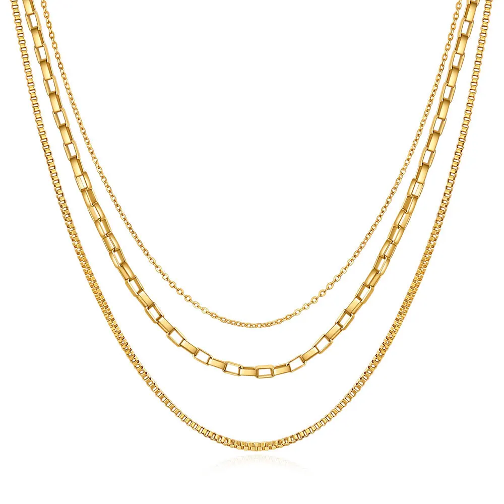 2024 Fashion 3 Layered Chain Necklace 18K Gold Plated Stainless Steel Waterproof Fine Neck Collar Chain Necklace for woman
