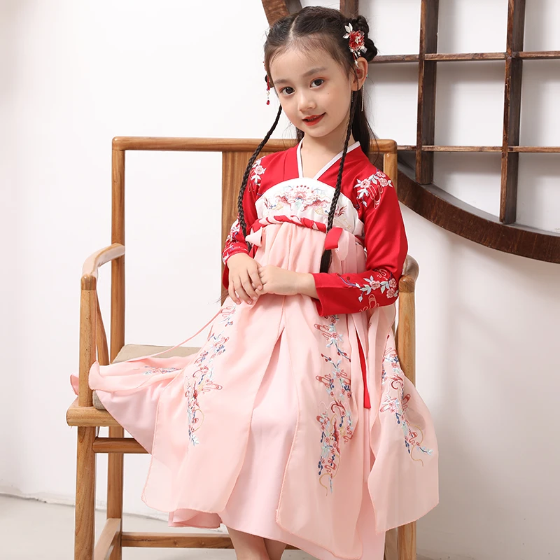 Модная Китайская одежда, детская юбка с вышивкой, комплект из 1 предмета, платье ханьфу для девочек, Детский костюм Тан