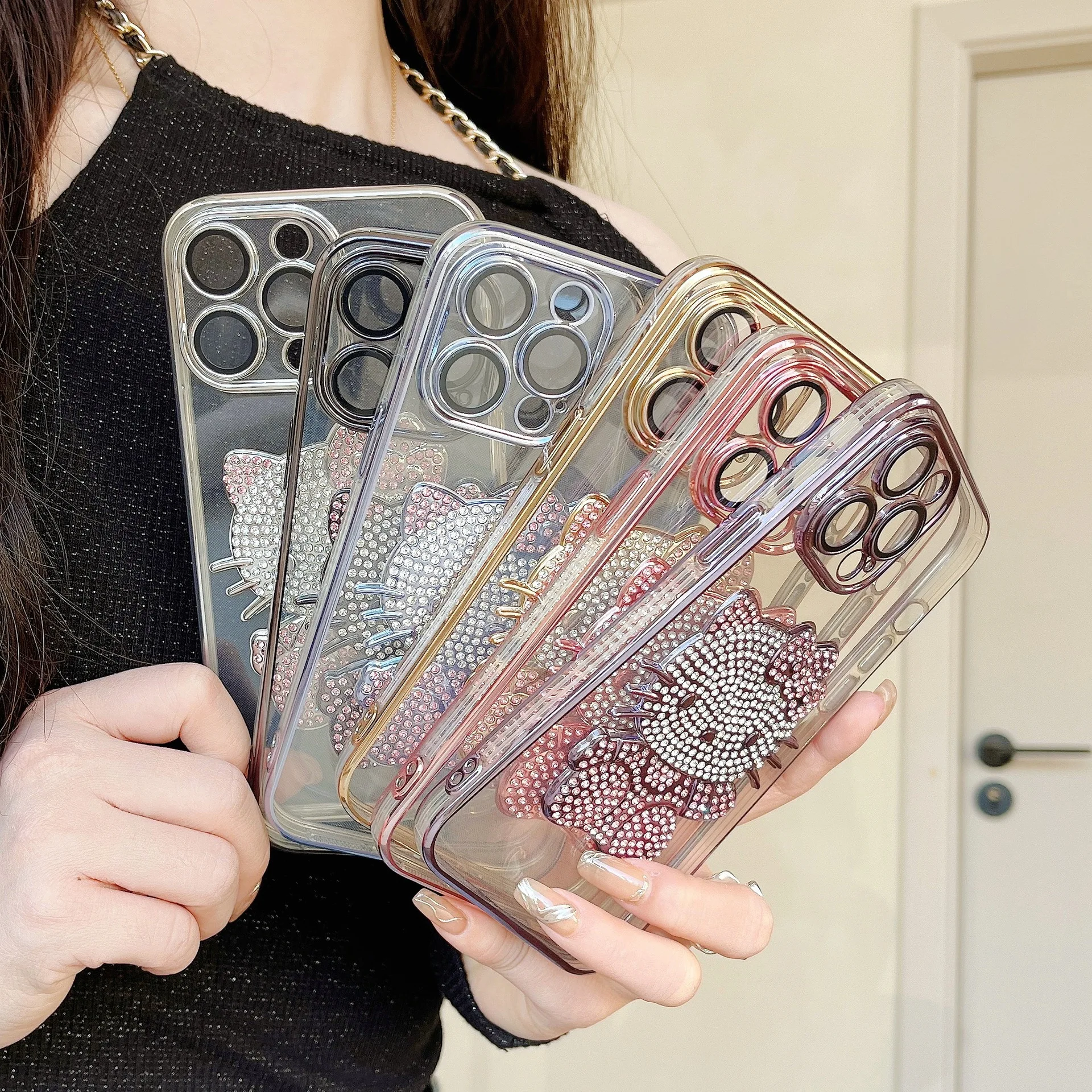 hello cute kitty Luxury diamond electroplating phone case for iphone Xr Xs 11 12 13 14 Pro Max Cell Cover