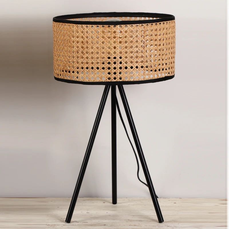 Natural Cane Rattan Shade Wooden Modern Nordic Style Bed Side Tripod Table Lamp
