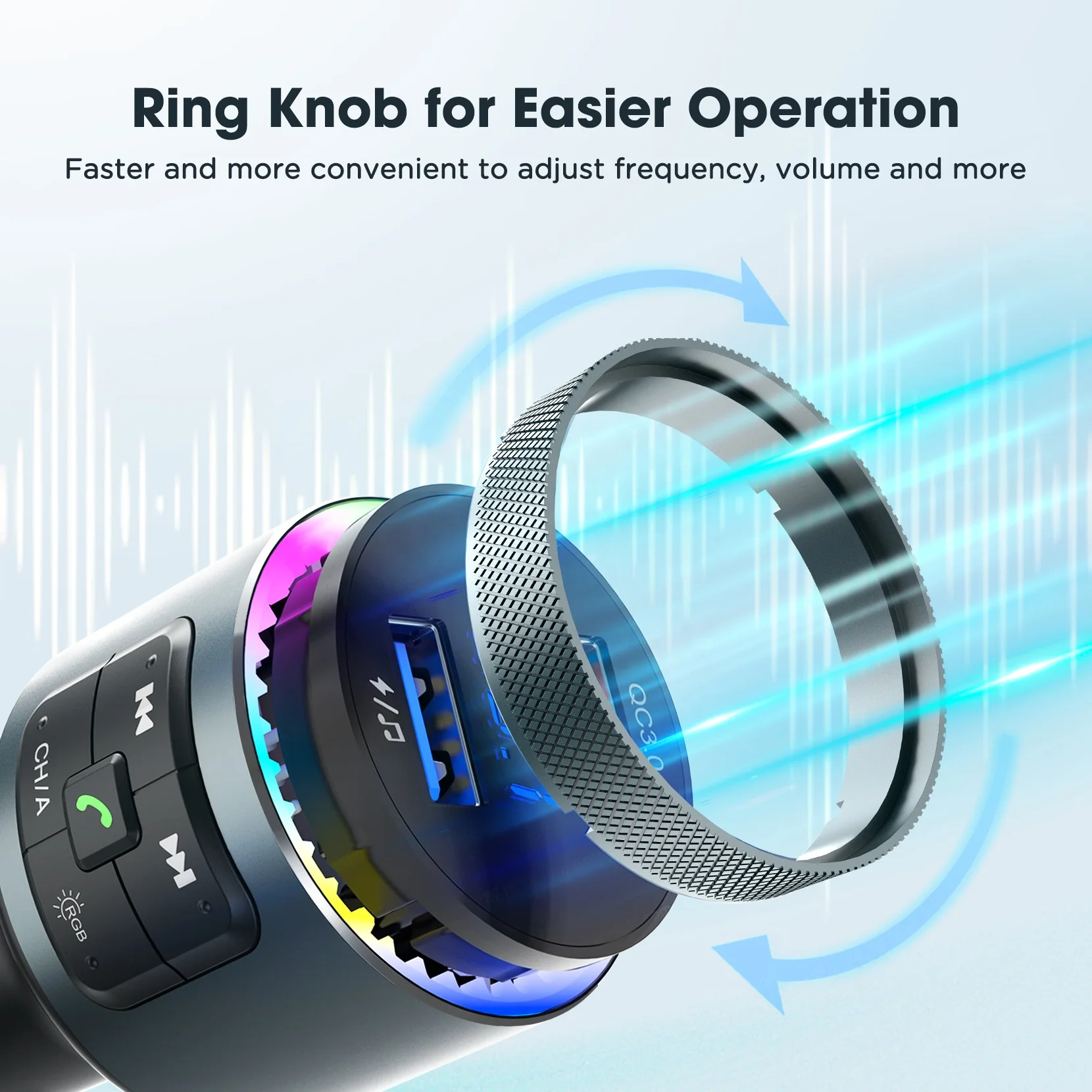 AGETUNR T442 Car Mp3 Player Auto SCAN FM Transmitter 18W QC3.0 fast charge Handsfree 9 Light modes Activate Phone Voice Control