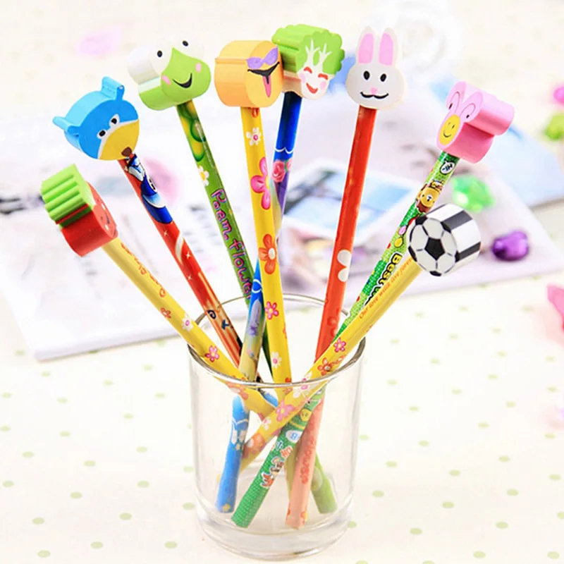Wholesale festivals gifts Cartoon Wood Pencil Cartoon Eraser Topper Pencils kids Personalized cute HB Pencils