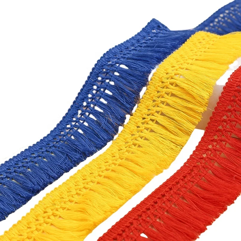 Oeko tex cotton viscose tassel fringe pom pom border lace tape trim by the yard  for textiles, carpets flag, curtains, cloth