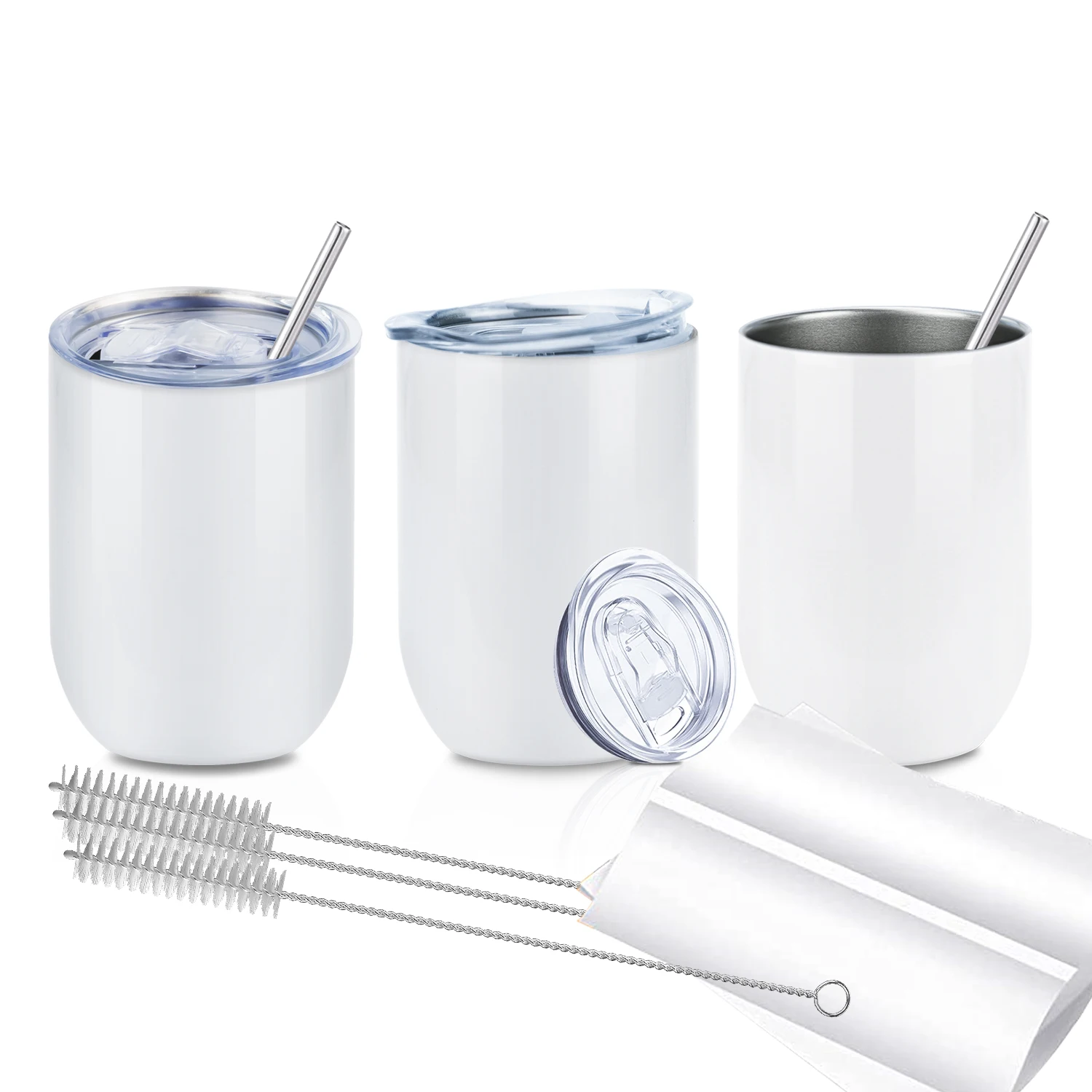 White 12oz Straight blank thermal insulated stemless wholesale stainless steel sublimation wine tumbler with lid and straw