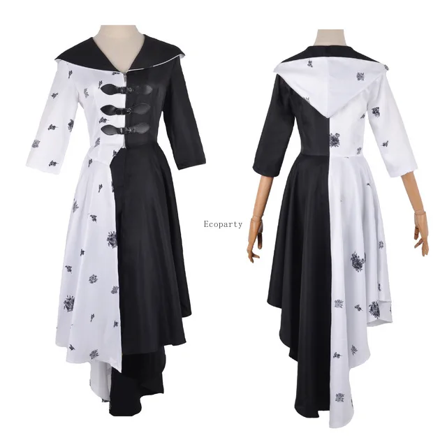 Drop Ship Movie Evil Madame Cruella De Vil Costume Women Cosplay Gown Black White Maid Dress Halloween Party Fancy Dress Wig