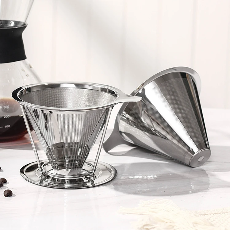 
304 Stainless Steel Mesh Cone Shape Cold Brew Coffee Dirpper Large Handle Kahve Filtre Reusable Silver Coffee Filter for 4 Cups 