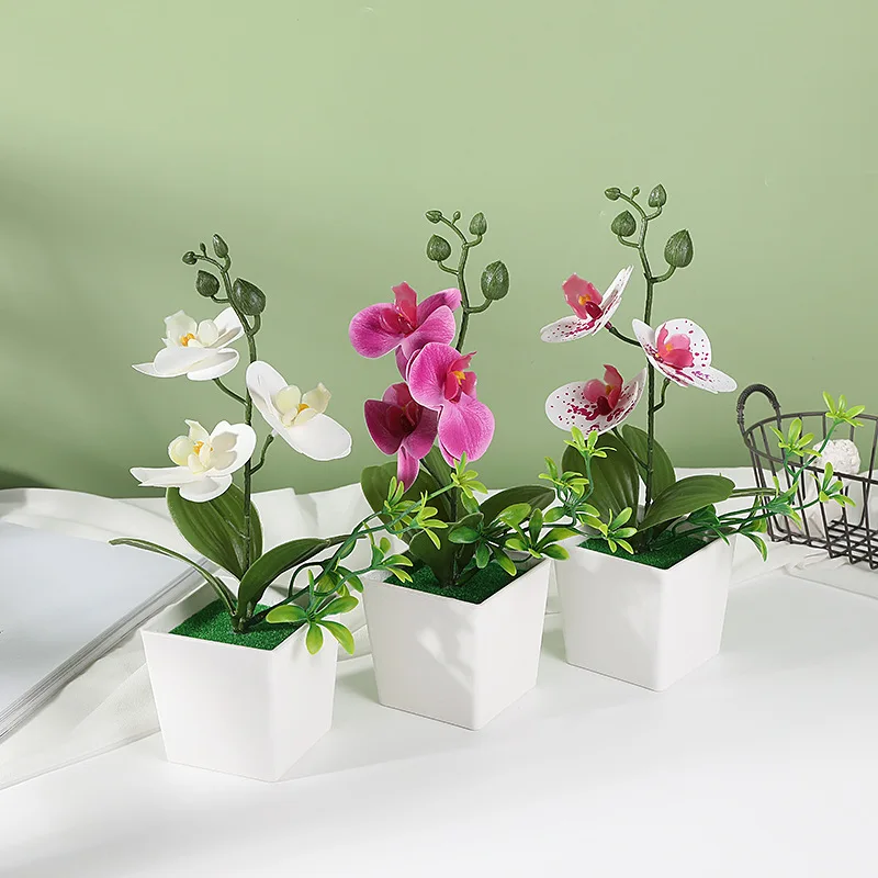 Mini Artificial Orchid Flowers with Plastic Vase 4pcs fake Potted plants for Wall Decor for Christmas Halloween Graduation