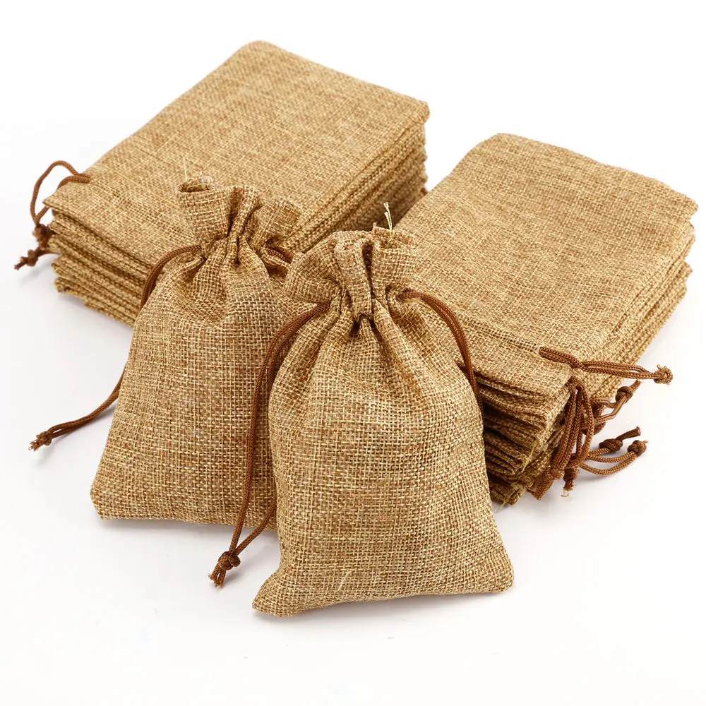 wholesale small linen jute drawstring jewelry travel pouch custom design wine gift storage hemp burlap bags with logo