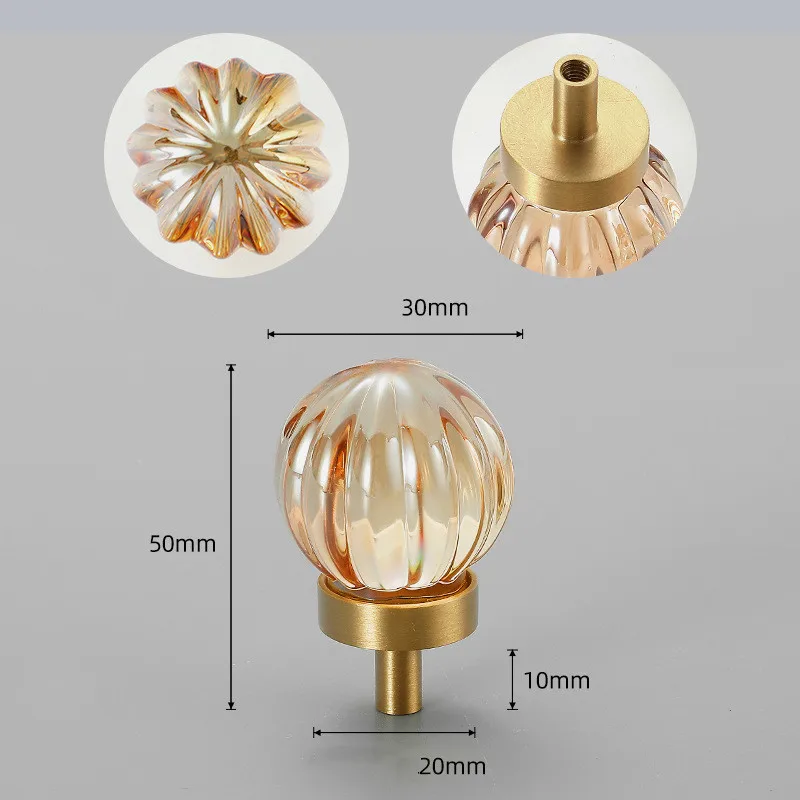 Light Luxury Transparent Crystal Brass Single Hole Cabinet Door Pull Handles and Knobs