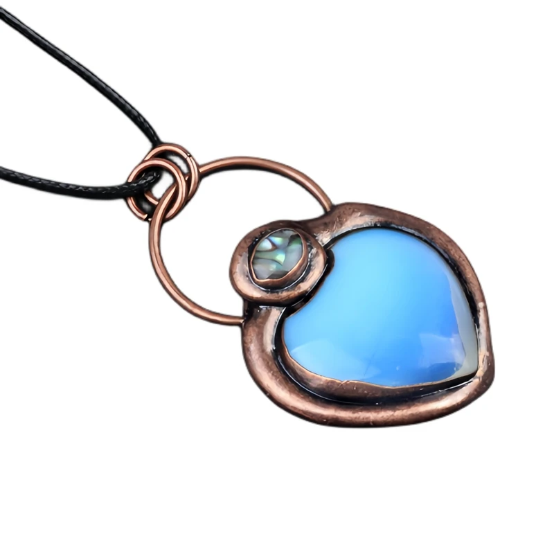 Wholesale European Vintage Heart Shape Natural Syn.Opal Stone Pendant Retro Red Copper Charm Necklace