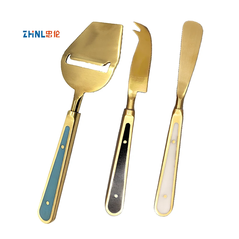 OEM Premium Stainless Steel Brass Kitchen Cheese Knife Set Speader Cheese Plane Cheese Knife with Prong and Resin handle (1600763183796)